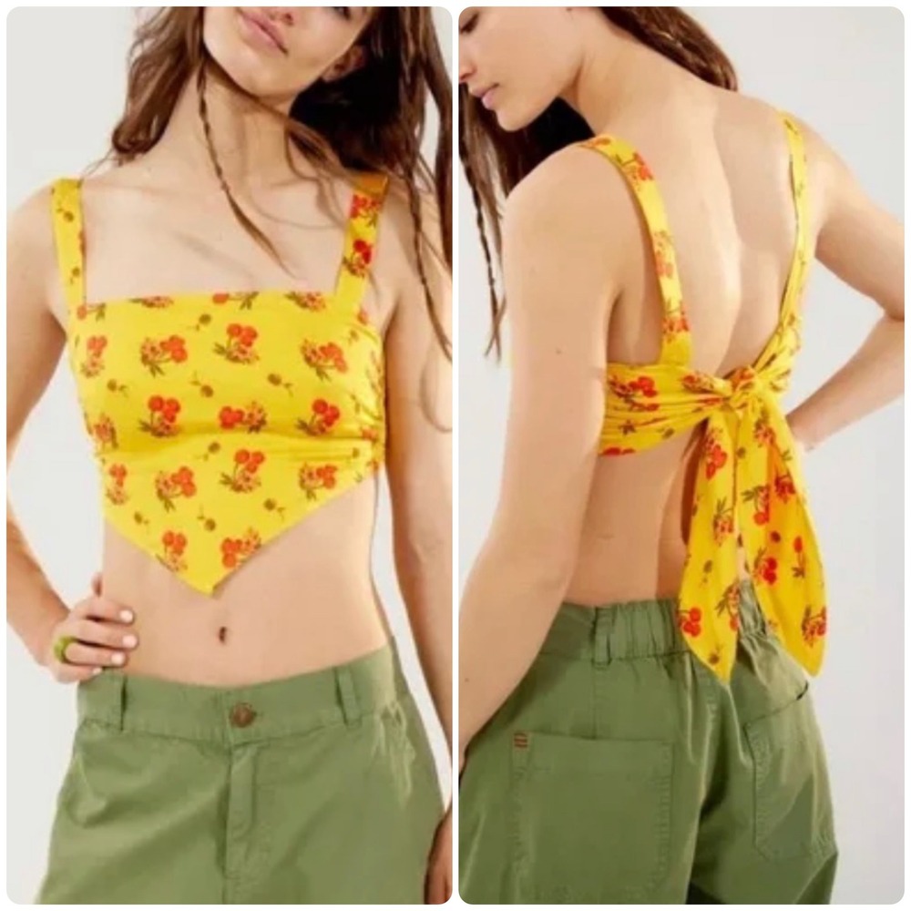 Urban Outfitters Womens Yellow Cherry Floral Boho Retro Tie Back Crop Top Size M